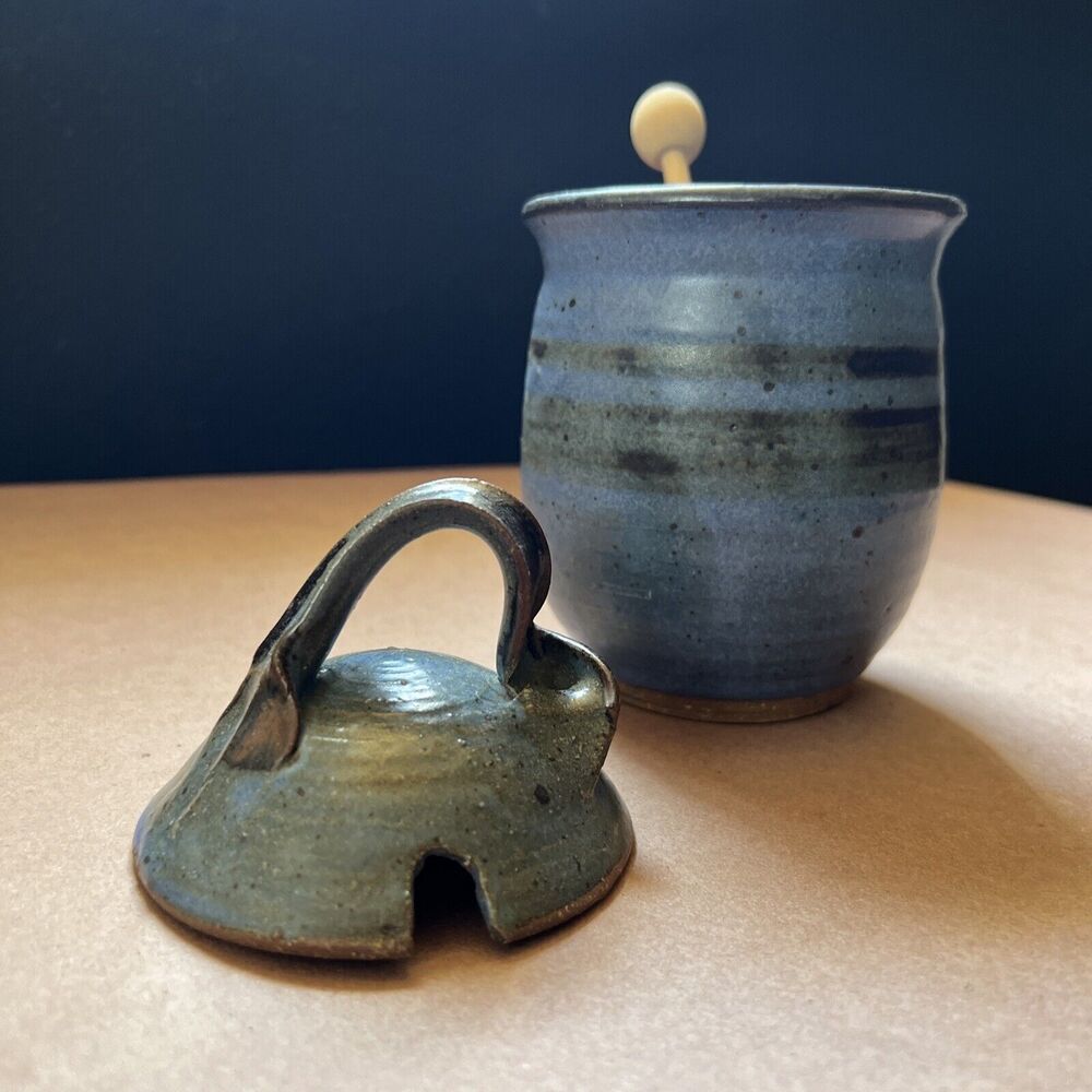 Handmade Signed Pottery Honey Pot With Stick Blue - Picture 6 of 9
